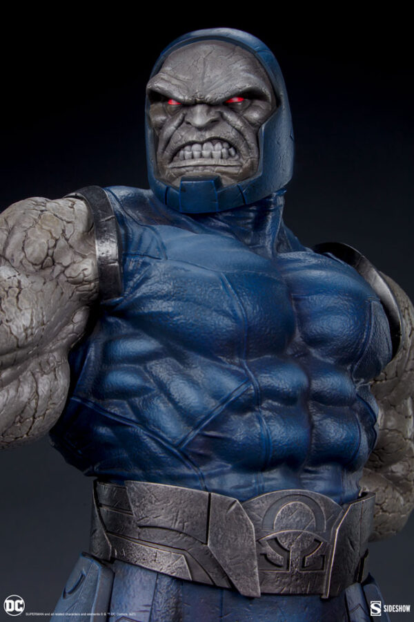 Darkseid DC Comics Maquette from Sideshow Collectibles. A close-up image of a detailed Darkseid figurine with red glowing eyes and textured costume.