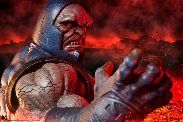 Darkseid DC Comics Maquette from Sideshow Collectibles. A detailed artwork of Darkseid with glowing eyes against a lava-filled background.