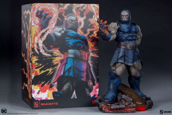 Darkseid DC Comics Maquette from Sideshow Collectibles. A collectible statue of Darkseid beside its illustrated box displaying the character in a dynamic pose.