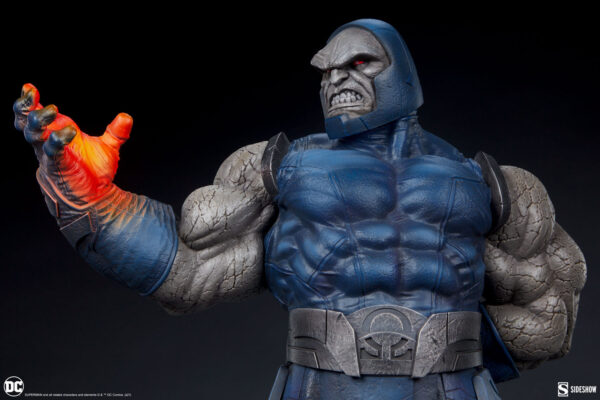 Darkseid DC Comics Maquette from Sideshow Collectibles. A detailed collectible figure of Darkseid with glowing orange eyes and hand, menacing facial expression, against a black background.