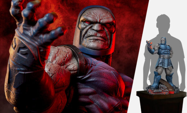 Darkseid DC Comics Maquette from Sideshow Collectibles. An image of a detailed Darkseid figurine with an outstretched hand, set against a red smoky background with the shadow outline of a similar statue.