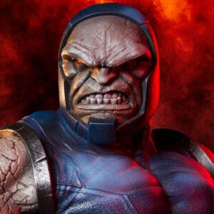 Darkseid DC Comics Maquette from Sideshow Collectibles. Close-up image of a superhero with a grimacing expression, wearing a helmet and armor, set against a fiery red background.