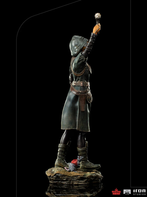 Ratcatcher II BDS Art Scale 1:10 Statue from DC Comics and Iron Studios. A collectible statue of a knight in a hooded cloak holding a scepter, standing on a rugged base, against a black background.