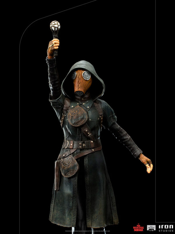 Ratcatcher II BDS Art Scale 1:10 Statue from DC Comics and Iron Studios. A figure in a hood and mask holding a staff aloft on a black background.