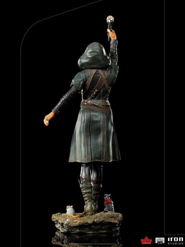 Ratcatcher II BDS Art Scale 1:10 Statue from DC Comics and Iron Studios. A collectible figure styled as a hooded character with a raised sword, standing on a base with small rodent figures, set against a black background.