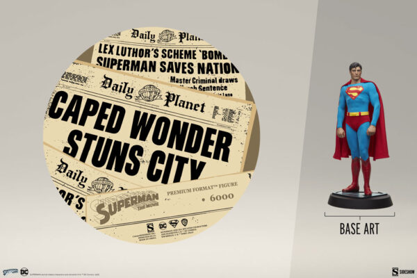 Superman: The Movie Premium Format™ Figure from Sideshow Collectibles and DC Comics. A collectible Superman figure stands on a pedestal next to a circular background featuring newspaper headlines from the Daily Planet.