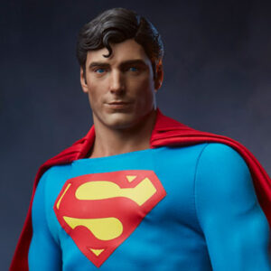 Superman: The Movie Premium Format™ Figure from Sideshow Collectibles and DC Comics. A close-up image of a Superman figurine with classic blue costume and red cape.