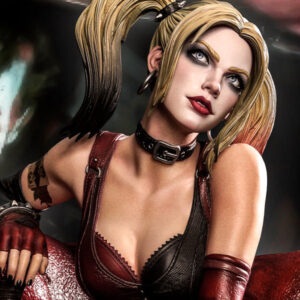 Harley Quinn Deluxe Batman Arkham City Statue Deluxe Version 1:3 Scale Statue from DC Comics and Prime 1 Studio. Digital artwork of a woman with blonde and black hair, wearing a red and black costume with a choker, looking confidently to the side.