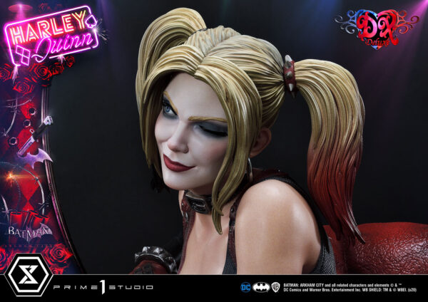 Harley Quinn Deluxe Batman Arkham City Statue Deluxe Version 1:3 Scale Statue from DC Comics and Prime 1 Studio. A high-quality image of a Harley Quinn collectible figure with detailed makeup and iconic hairstyle, against a dark background with neon sign text and Batman references.