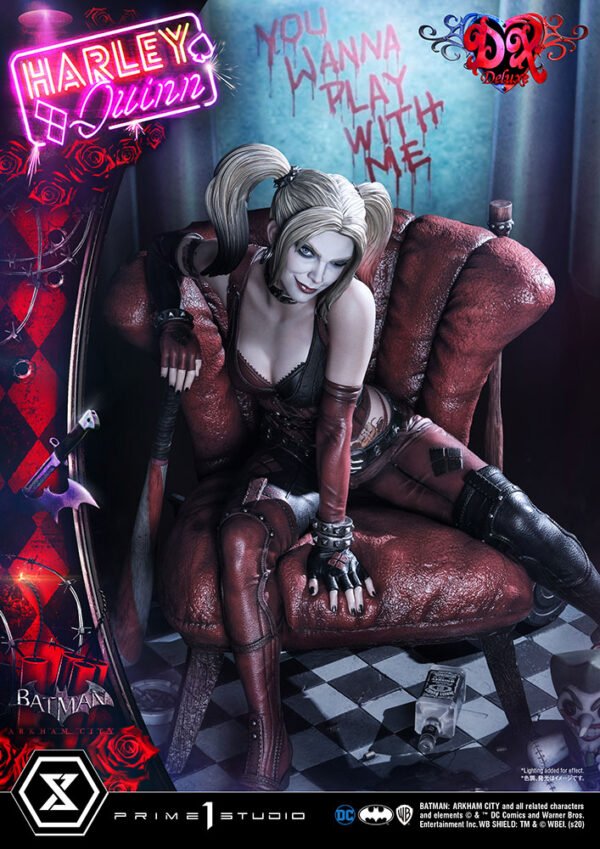 Harley Quinn Deluxe Batman Arkham City Statue Deluxe Version 1:3 Scale Statue from DC Comics and Prime 1 Studio. An illustrated promotional image featuring a collectible figure of an animated character resembling Harley Quinn, posed on an ornate chair with neon signs and thematic elements related to the character.