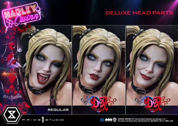 Harley Quinn Deluxe Batman Arkham City Statue Deluxe Version 1:3 Scale Statue from DC Comics and Prime 1 Studio. Image of three different head sculpts of a Harley Quinn figurine, showcasing variations in facial expressions and makeup, with branding for Batman: Arkham City and Prime 1 Studio visible.