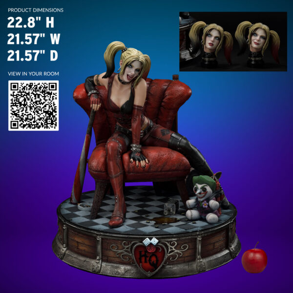 Harley Quinn Deluxe Batman Arkham City Statue Deluxe Version 1:3 Scale Statue from DC Comics and Prime 1 Studio. A collectible figurine of Harley Quinn sitting on a red chair with a bat, accompanied by a small jester figure, on a checker-patterned base with product dimensions and a QR code.