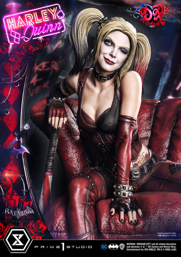 Harley Quinn Deluxe Batman Arkham City Statue Deluxe Version 1:3 Scale Statue from DC Comics and Prime 1 Studio. An illustrated promotional image featuring the character Harley Quinn sitting with a bat over her shoulder, surrounded by themed graphics and logos.