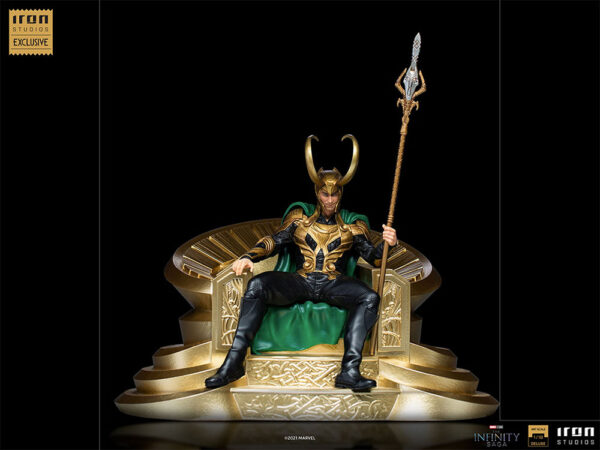 Loki 1:10 Scale Statue by Marvel and Iron Studios. A collectible figurine of a fictional character wearing a green and gold costume with a horned helmet, seated on a golden throne and holding a scepter, with company logos and collection information on the margins.