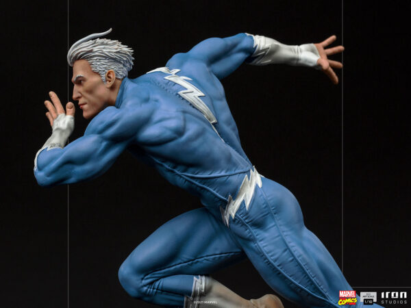 Marvel Quicksilver 1:10 scale statue from Iron Studios. A detailed collectible figure of a superhero in a dynamic running pose with a prominent lightning bolt design on the chest.