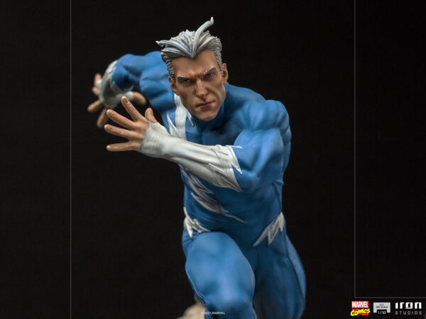 Marvel Quicksilver 1:10 scale statue from Iron Studios. A highly detailed collectible action figure of QuickSilver from Marvel Comics, featuring a dynamic running pose against a dark background.