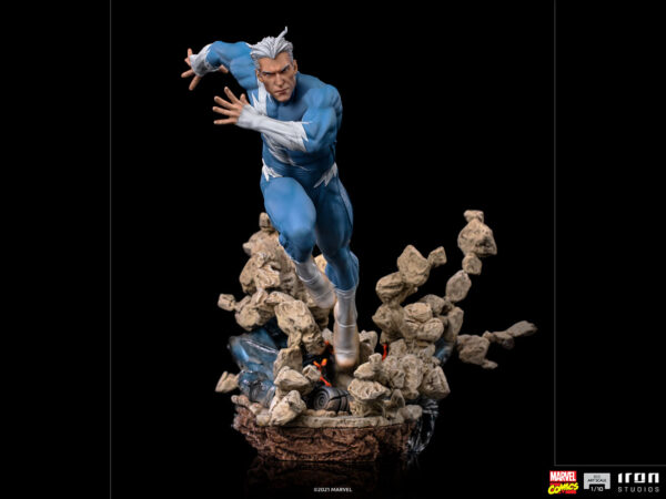 Marvel Quicksilver 1:10 scale statue from Iron Studios. A collectible statue of Quicksilver from Marvel Comics, depicted in mid-action with a dynamic pose on a themed base.