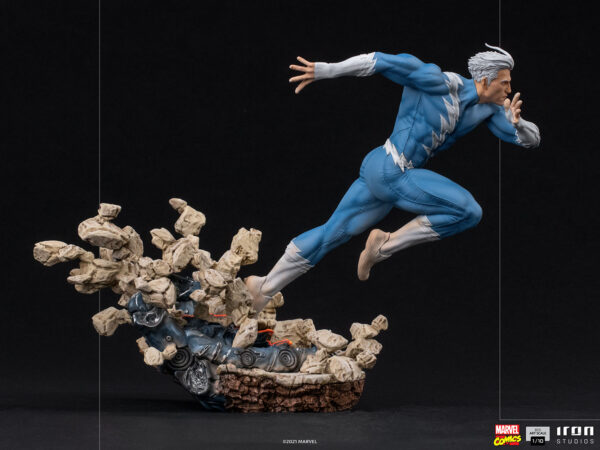 Marvel Quicksilver 1:10 scale statue from Iron Studios. A collectible statue of Quicksilver from Marvel Comics shown in a dynamic running pose with a base that depicts debris flying as he sprints.