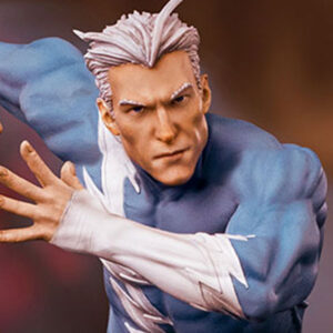 Marvel Quicksilver 1:10 scale statue from Iron Studios. Close-up of a superhero figure with silver hair and intense gaze, posing with an outstretched arm.