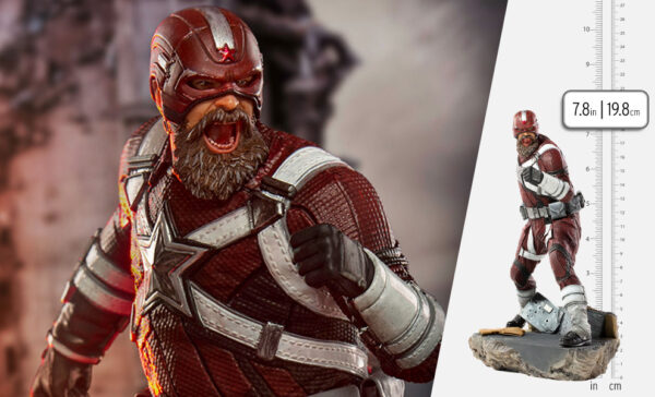 Marvel Red Guardian 1:10 Scale Statue from Iron Studios. A highly detailed action figure of a red-armored superhero with a beard, shown in an aggressive pose next to a ruler displaying its height in inches and centimeters.