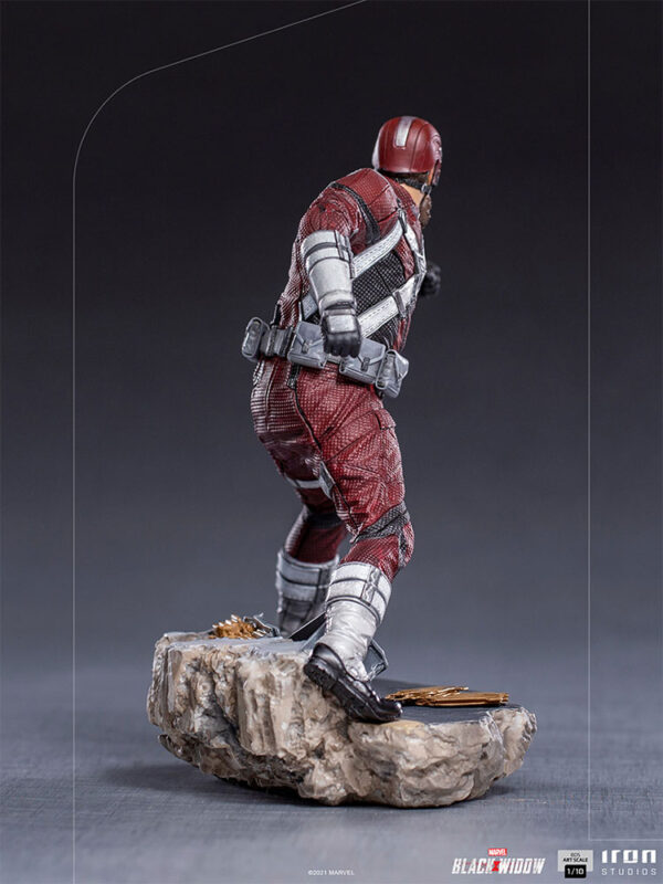 Marvel Red Guardian 1:10 Scale Statue from Iron Studios. A detailed collectible figurine of the Red Guardian character on a rocky base, as seen from behind, with focus on the costume's texture and design elements.