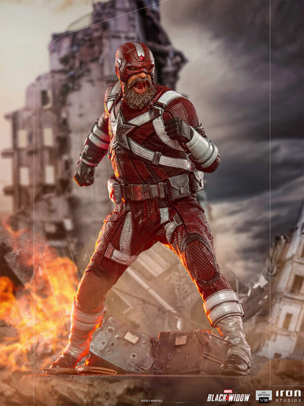 Marvel Red Guardian 1:10 Scale Statue from Iron Studios. A figure in a detailed Red Guardian costume striking a dynamic pose with a fiery explosion and crumbling buildings in the background.