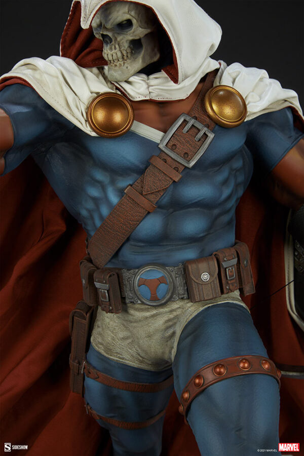 Marvel Taskmaster Premium Format Figure from Sideshow Collectibles. Close-up of a Taskmaster collectible figure showcasing detailed costume and skull mask.