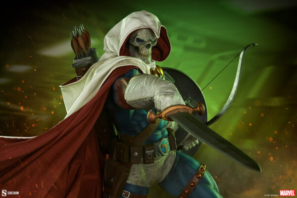 Marvel Taskmaster Premium Format Figure from Sideshow Collectibles. An illustration of a skeletal figure dressed as an archer, wearing a hooded cloak and holding a bow and shield, with dynamic sparks and a green backdrop.