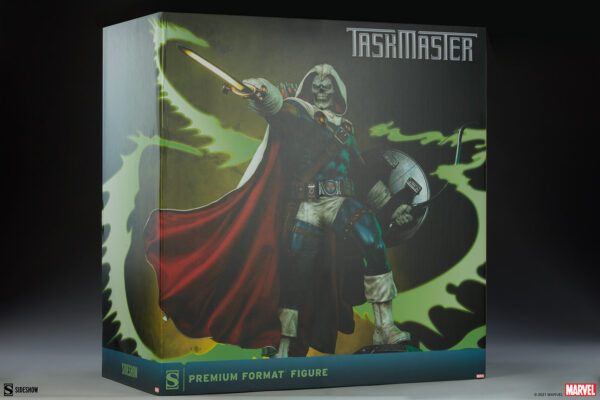 Marvel Taskmaster Premium Format Figure from Sideshow Collectibles. A premium format figure box featuring the Marvel character Taskmaster, with the character depicted holding a sword and shield.