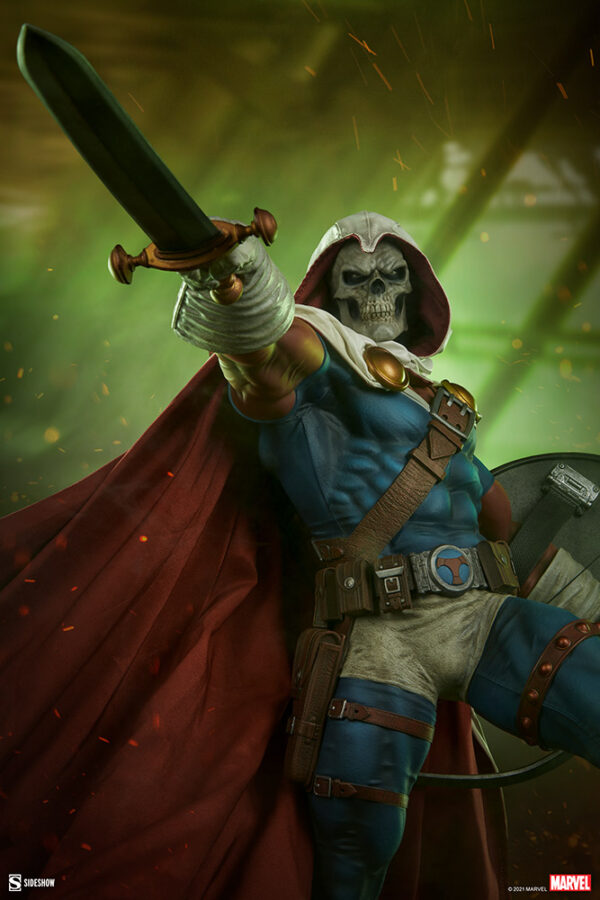 Marvel Taskmaster Premium Format Figure from Sideshow Collectibles. Illustration of a cloaked figure with a skull mask wielding a sword with sparks flying around.