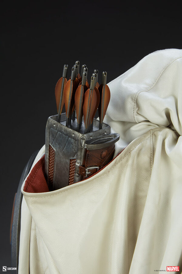 Marvel Taskmaster Premium Format Figure from Sideshow Collectibles. A close-up view of a quiver filled with arrows set against a white cape, detailed textures visible on the quiver and cape fabric.