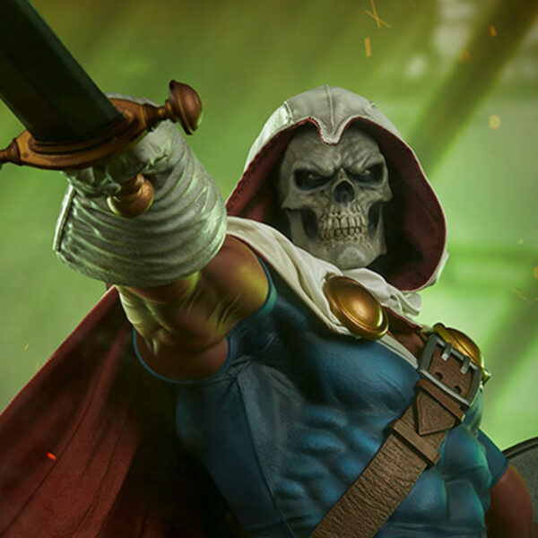 Marvel Taskmaster Premium Format Figure from Sideshow Collectibles. A digital artwork of a fantasy character resembling a grim reaper with a skull face, hooded cloak, and brandishing a sword.