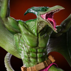 Marvel X-Men Sauron 1:10 Art Scale Statue by Iron Studios. Close-up of a green dragon statue with its mouth open, showing sharp teeth, with a brown accessory around its neck.