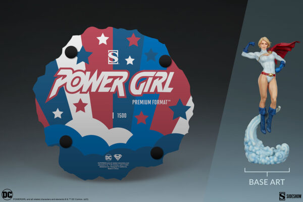 Power Girl Premium Format™ Figure from Sideshow Collectibles. Promotional image of a Power Girl collectible figure featuring the character levitating above a themed base with the series logo and edition number.