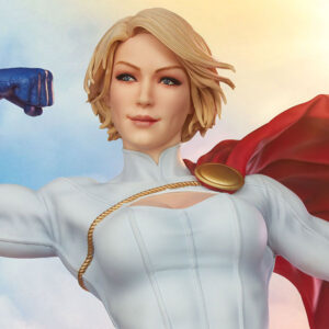 Power Girl Premium Format™ Figure from Sideshow Collectibles. Illustration of a smiling superheroine with short blonde hair, wearing a white costume with a red cape, and a golden shoulder brooch.