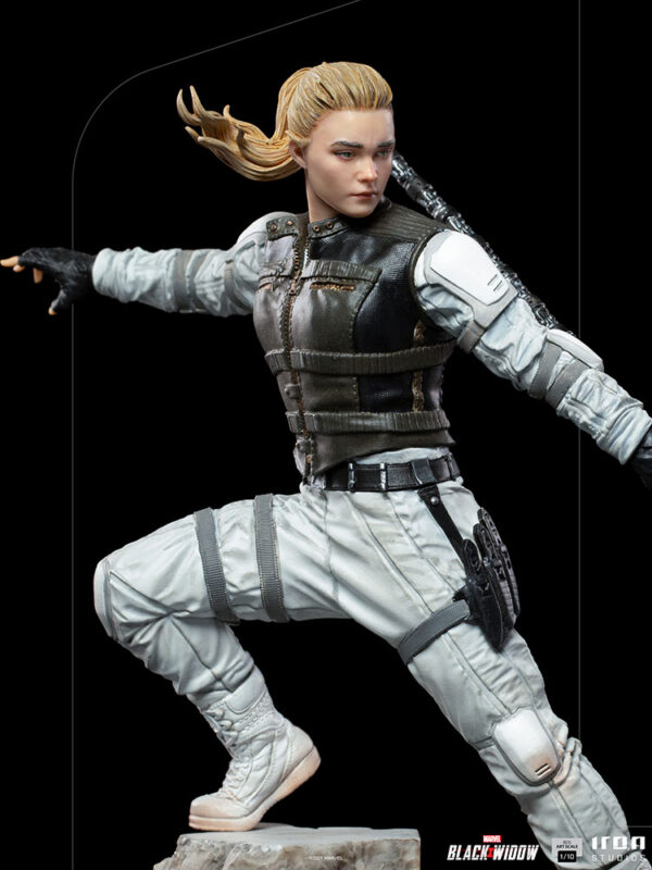 Yelena Belova 1:10 BDS Art Scale Statue from Marvel and Iron Studios. A detailed collectible action figure posed dynamically, wearing a tactical suit with flowing blonde hair, based on a character from popular media.