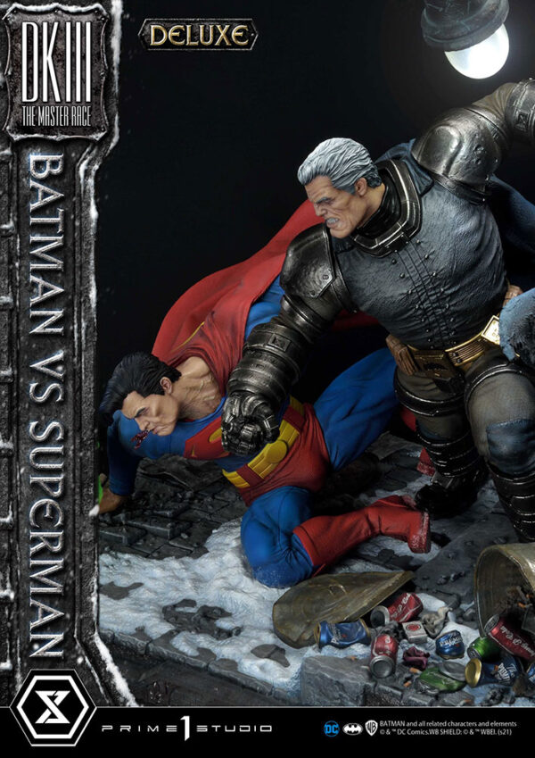 Prime 1 Studio Deluxe Version Statue featuring Batman versus Superman from DC Comics, showcasing a dynamic battle scene with detailed, realistic sculpting of both iconic characters.