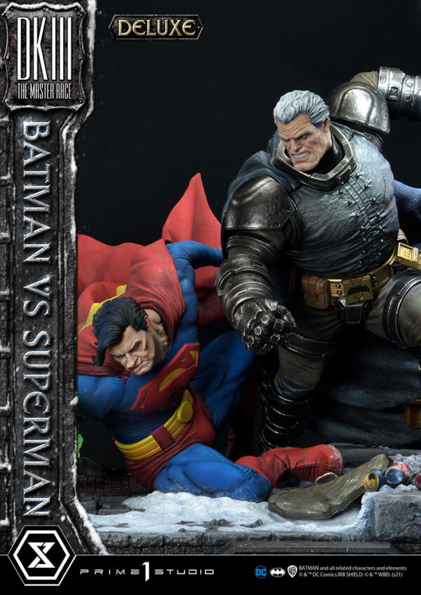 Prime 1 Studio Deluxe Version Statue featuring Batman versus Superman from DC Comics, showcasing a dynamic battle scene with detailed, realistic sculpting of both iconic characters.