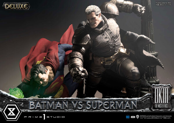 Prime 1 Studio Deluxe Version Statue featuring Batman versus Superman from DC Comics, showcasing a dynamic battle scene with detailed, realistic sculpting of both iconic characters.