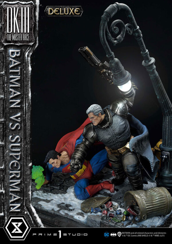 Prime 1 Studio Deluxe Version Statue featuring Batman versus Superman from DC Comics, showcasing a dynamic battle scene with detailed, realistic sculpting of both iconic characters.