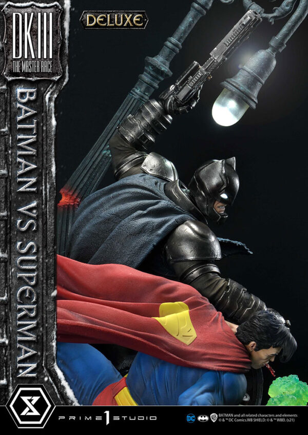 Prime 1 Studio Deluxe Version Statue featuring Batman versus Superman from DC Comics, showcasing a dynamic battle scene with detailed, realistic sculpting of both iconic characters.