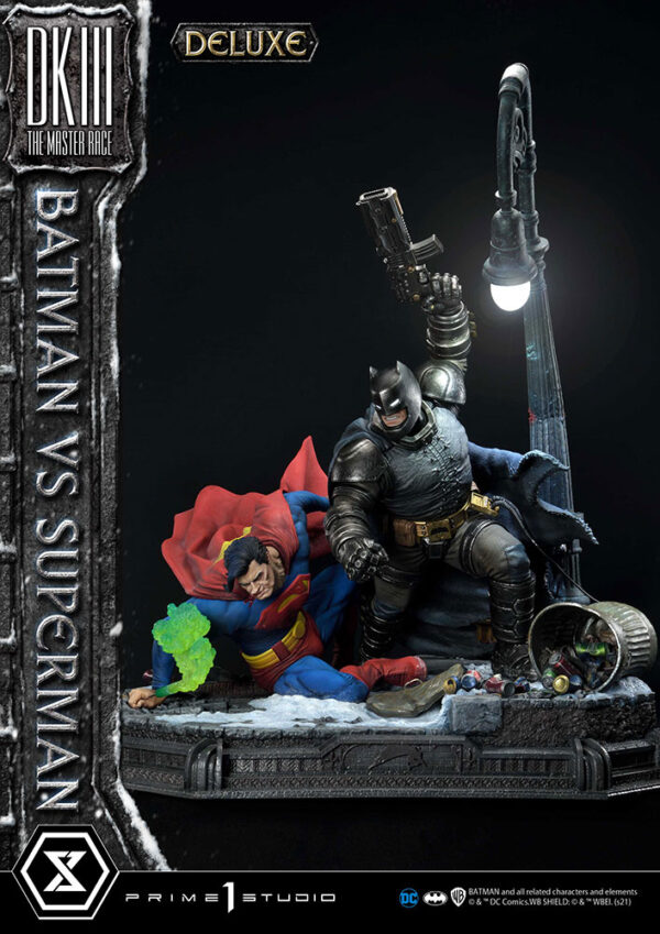 Prime 1 Studio Deluxe Version Statue featuring Batman versus Superman from DC Comics, showcasing a dynamic battle scene with detailed, realistic sculpting of both iconic characters.