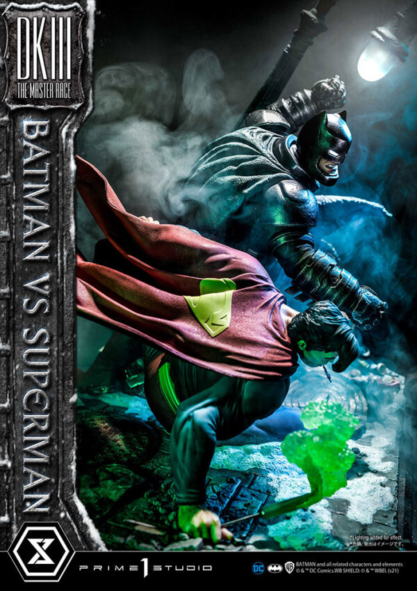 Prime 1 Studio Deluxe Version Statue featuring Batman versus Superman from DC Comics, showcasing a dynamic battle scene with detailed, realistic sculpting of both iconic characters.