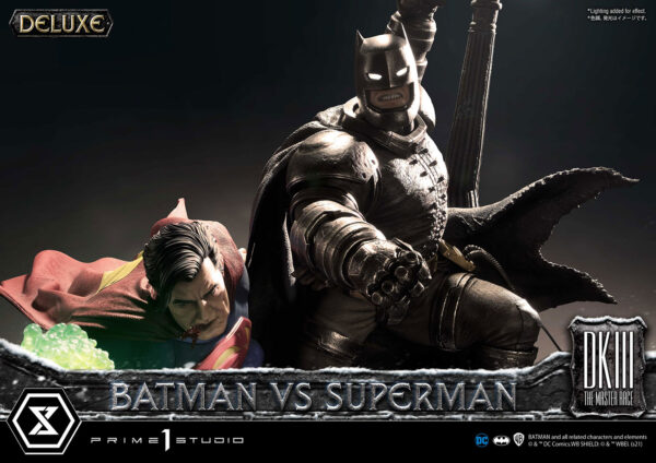 Prime 1 Studio Deluxe Version Statue featuring Batman versus Superman from DC Comics, showcasing a dynamic battle scene with detailed, realistic sculpting of both iconic characters.