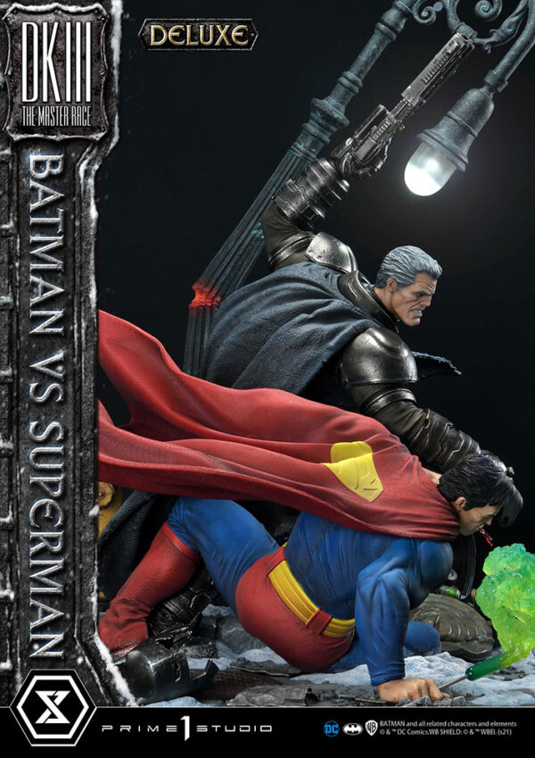 Prime 1 Studio Deluxe Version Statue featuring Batman versus Superman from DC Comics, showcasing a dynamic battle scene with detailed, realistic sculpting of both iconic characters.