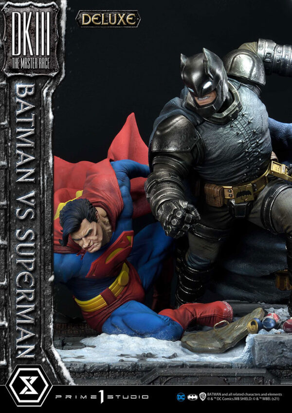 Prime 1 Studio Deluxe Version Statue featuring Batman versus Superman from DC Comics, showcasing a dynamic battle scene with detailed, realistic sculpting of both iconic characters.