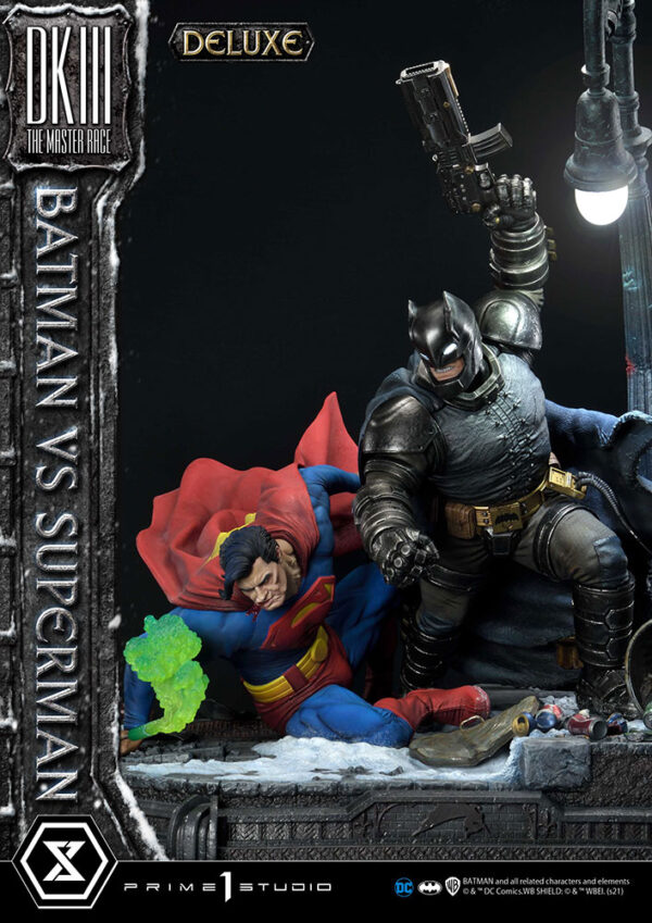 Prime 1 Studio Deluxe Version Statue featuring Batman versus Superman from DC Comics, showcasing a dynamic battle scene with detailed, realistic sculpting of both iconic characters.