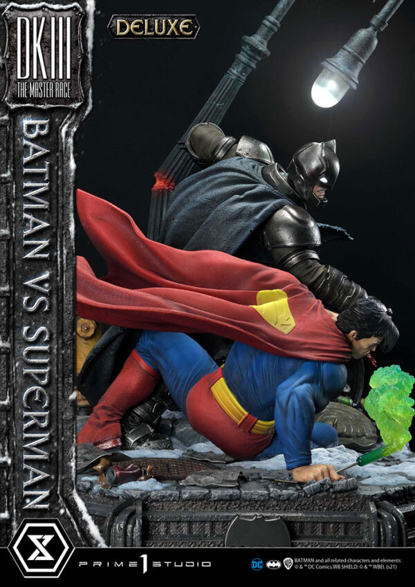 Prime 1 Studio Deluxe Version Statue featuring Batman versus Superman from DC Comics, showcasing a dynamic battle scene with detailed, realistic sculpting of both iconic characters.