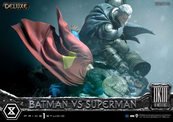 Prime 1 Studio Deluxe Version Statue featuring Batman versus Superman from DC Comics, showcasing a dynamic battle scene with detailed, realistic sculpting of both iconic characters.