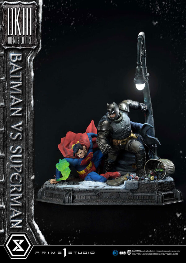 Prime 1 Studio Deluxe Version Statue featuring Batman versus Superman from DC Comics, showcasing a dynamic battle scene with detailed, realistic sculpting of both iconic characters.